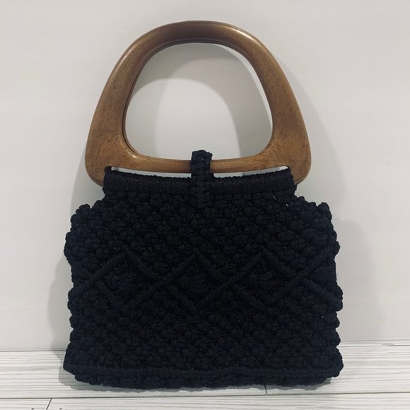 Handmade Black Macrame Faux Wooden Handle Bag New - Picture 4 of 10
